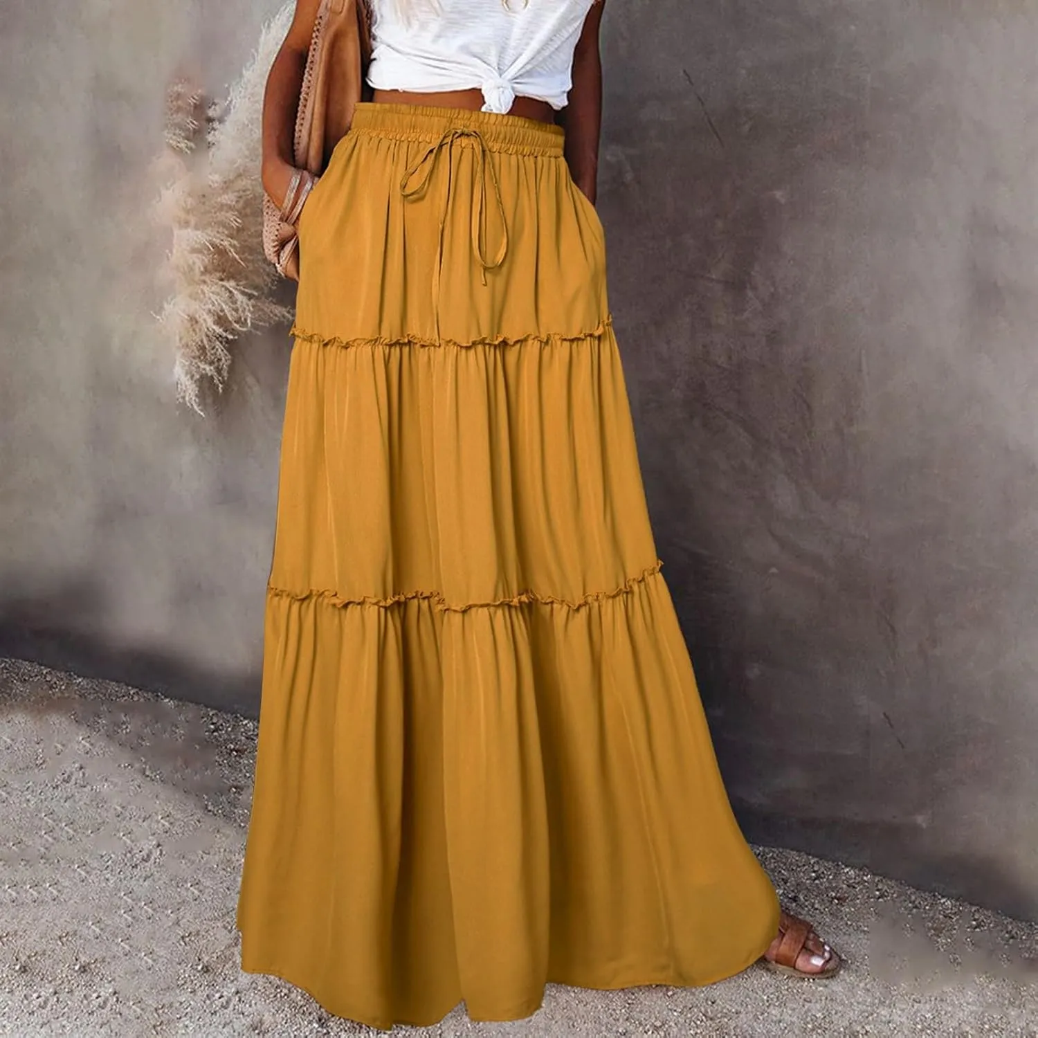 Summer Boho Floral Mixi Skirts for Women Girls A-Line Long Pleated Waist Flowy Swing Tiered Long Skirt with Pockets