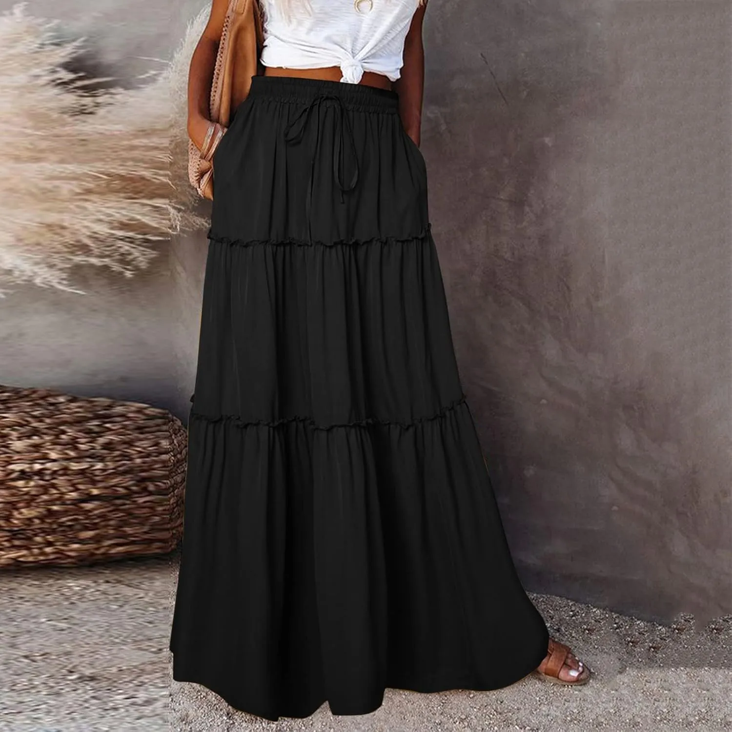 Summer Boho Floral Mixi Skirts for Women Girls A-Line Long Pleated Waist Flowy Swing Tiered Long Skirt with Pockets