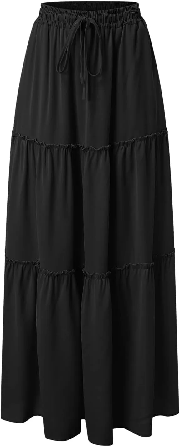 Summer Boho Floral Mixi Skirts for Women Girls A-Line Long Pleated Waist Flowy Swing Tiered Long Skirt with Pockets