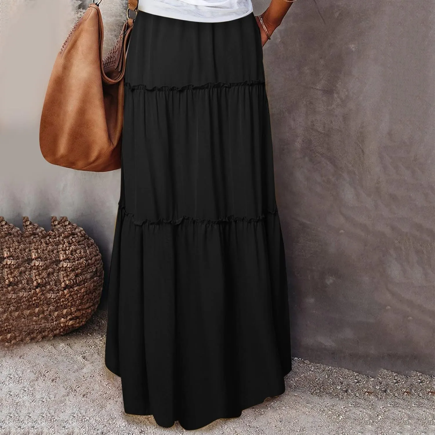 Summer Boho Floral Mixi Skirts for Women Girls A-Line Long Pleated Waist Flowy Swing Tiered Long Skirt with Pockets