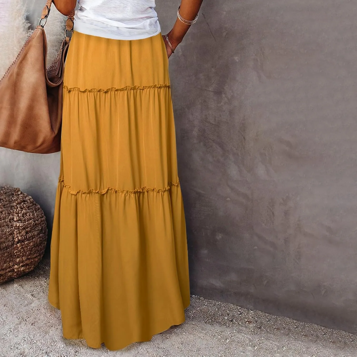 Summer Boho Floral Mixi Skirts for Women Girls A-Line Long Pleated Waist Flowy Swing Tiered Long Skirt with Pockets