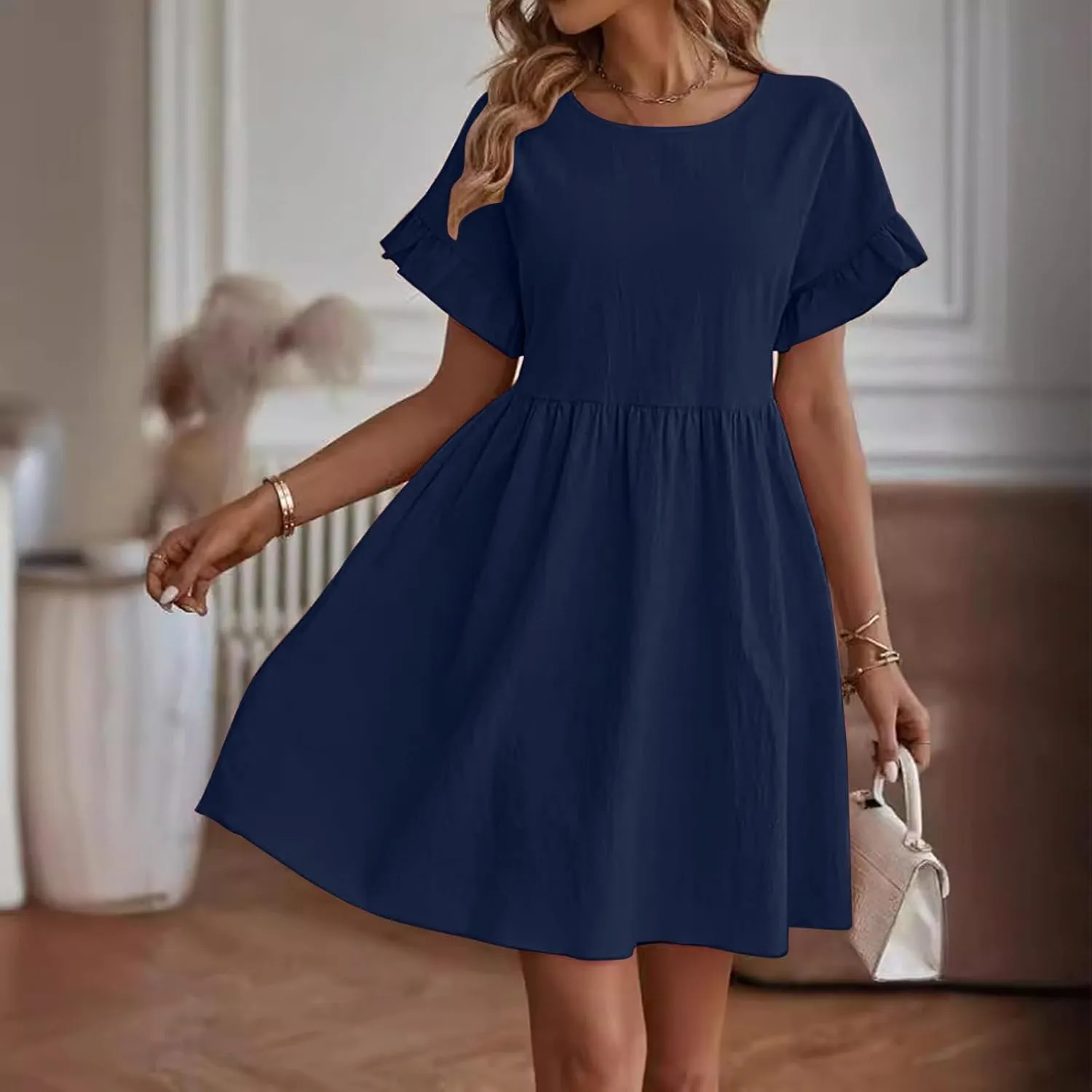 Summer Cotton Linen Dresses for Women Casual Ruffle Short Sleeve Round Neck High Waist A-Line Mini Dress