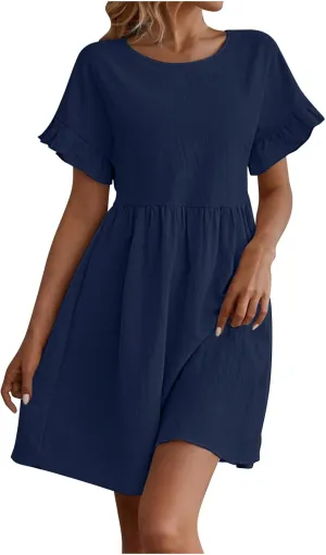 Summer Cotton Linen Dresses for Women Casual Ruffle Short Sleeve Round Neck High Waist A-Line Mini Dress