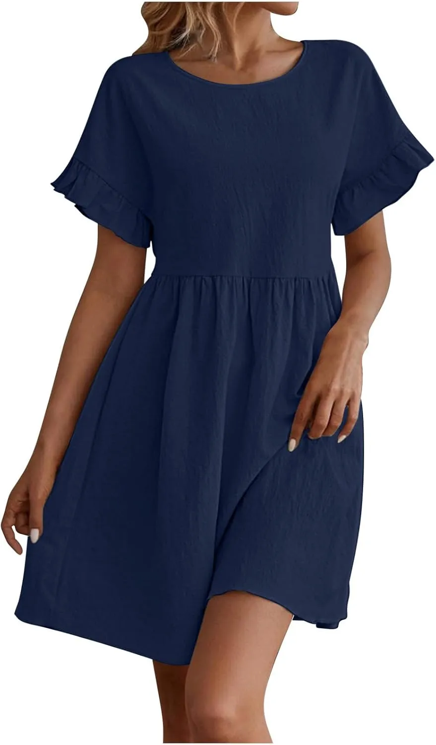 Summer Cotton Linen Dresses for Women Casual Ruffle Short Sleeve Round Neck High Waist A-Line Mini Dress