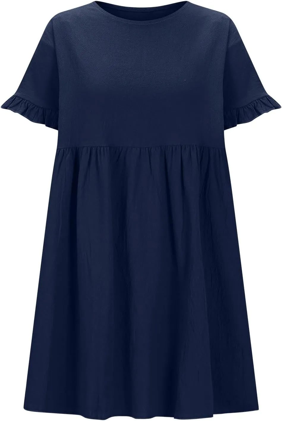 Summer Cotton Linen Dresses for Women Casual Ruffle Short Sleeve Round Neck High Waist A-Line Mini Dress