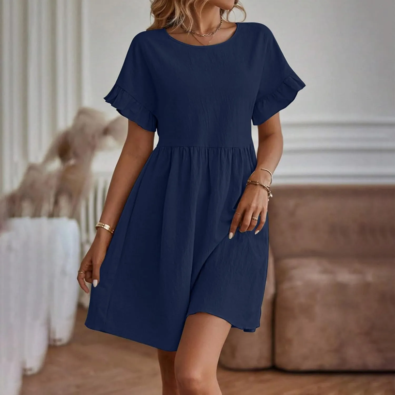 Summer Cotton Linen Dresses for Women Casual Ruffle Short Sleeve Round Neck High Waist A-Line Mini Dress