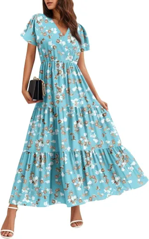 Summer Dress for Women 2025 Floral Sundress Short Sleeve Flowy Beach Vacation Boho Maxi Dresses