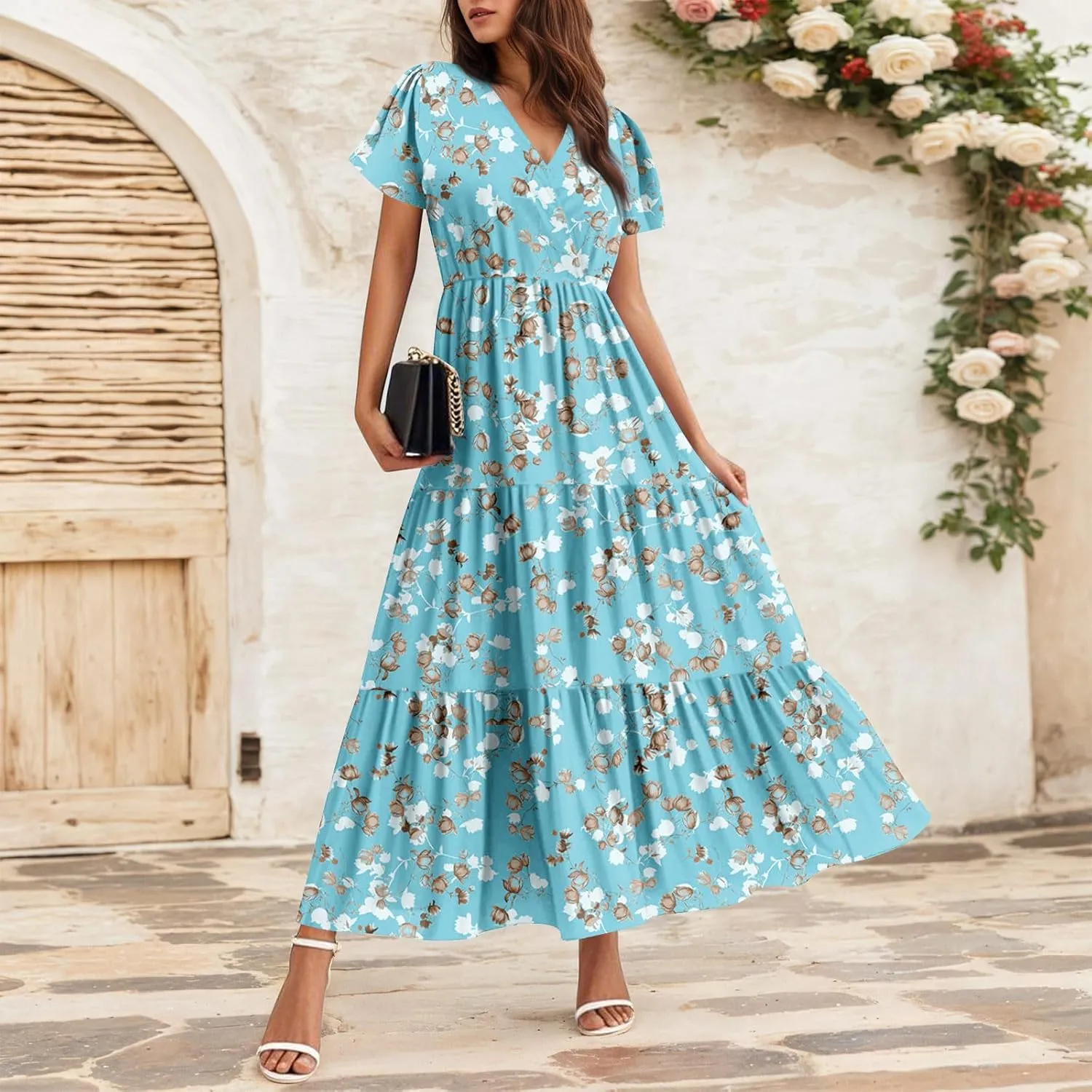 Summer Dress for Women 2025 Floral Sundress Short Sleeve Flowy Beach Vacation Boho Maxi Dresses