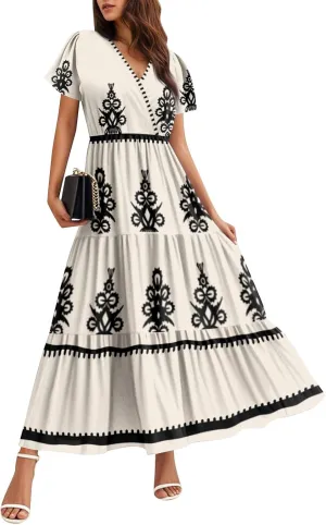 Summer Dress for Women 2025 Floral Sundress Short Sleeve Flowy Beach Vacation Boho Maxi Dresses
