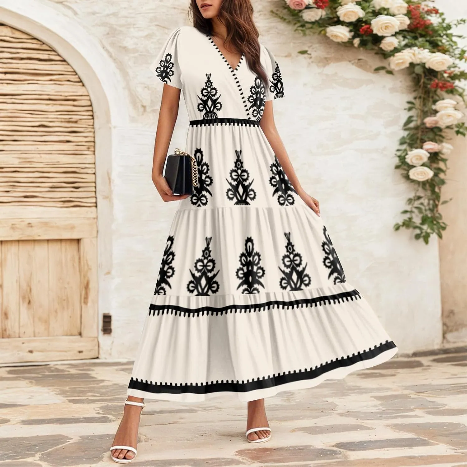 Summer Dress for Women 2025 Floral Sundress Short Sleeve Flowy Beach Vacation Boho Maxi Dresses