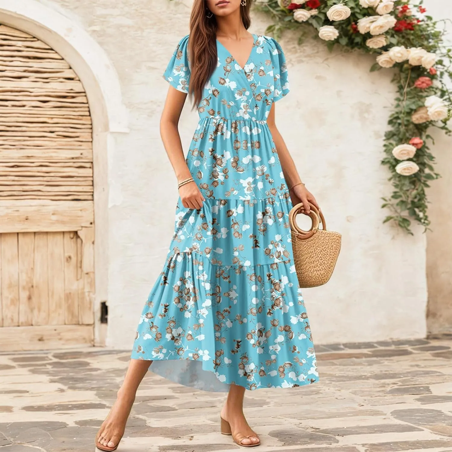 Summer Dress for Women 2025 Floral Sundress Short Sleeve Flowy Beach Vacation Boho Maxi Dresses