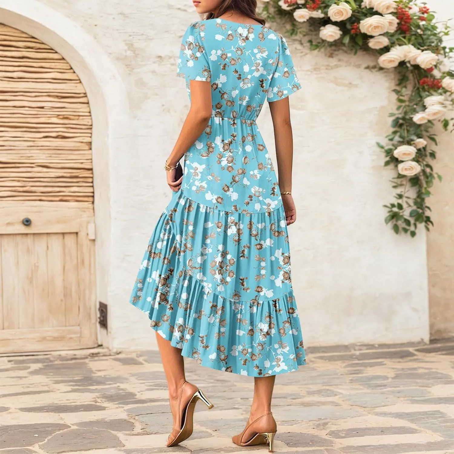 Summer Dress for Women 2025 Floral Sundress Short Sleeve Flowy Beach Vacation Boho Maxi Dresses