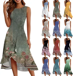 Summer Dress for Women Fashion Sleeveless Loose Floral Print Ladies Irregular Hem Outdoor 2025 Round Neck Midi Dress