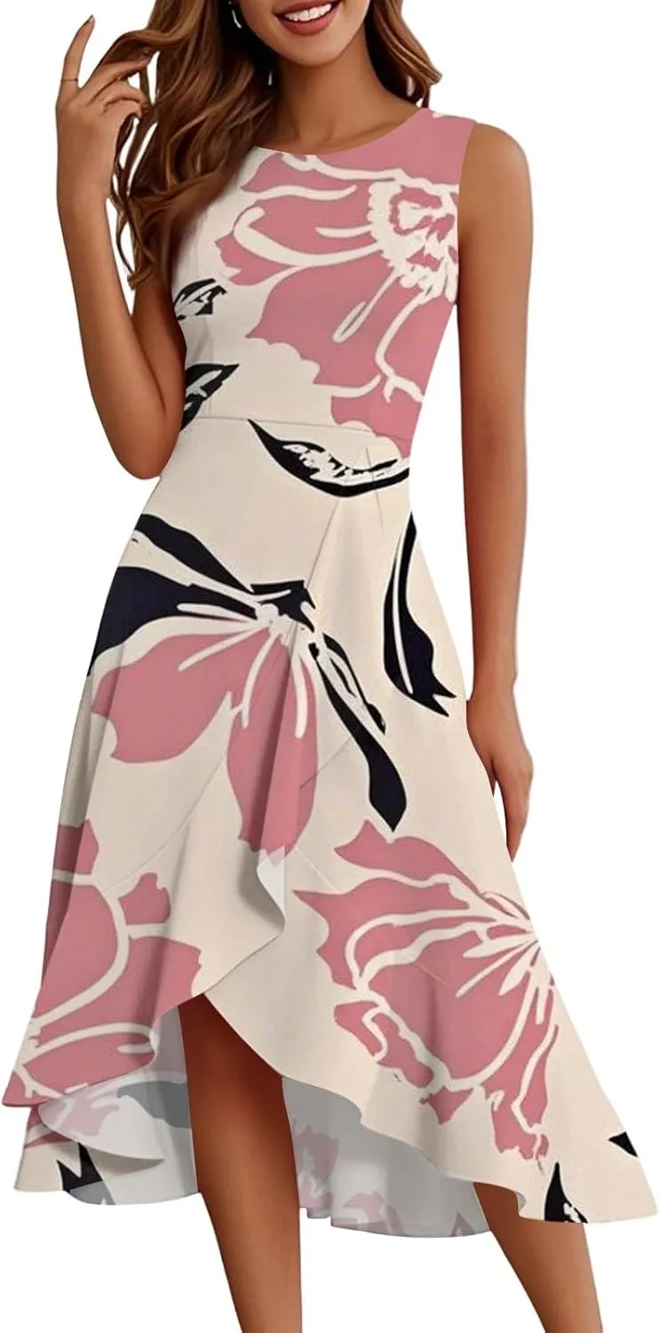 Summer Dress for Women Fashion Sleeveless Loose Floral Print Ladies Irregular Hem Outdoor 2025 Round Neck Midi Dress
