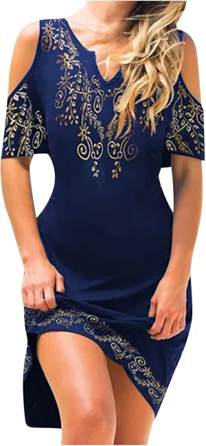Summer Dresses for Women 2022,Women Traditional Aztec Cold Shoulder Sexy V Neck Short Sleeve Dress Floral Casual Dress