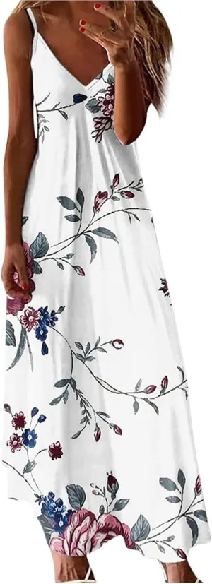 Summer Dresses for Women 2023 Trendy Casual Boho Plus Size Dress Floral Printed V Neck Spaghetti Strap Flowy Long Maxi Sundress Hawaiian Beach Clothes Sun Dress Dresses for Weddings as a Guest
