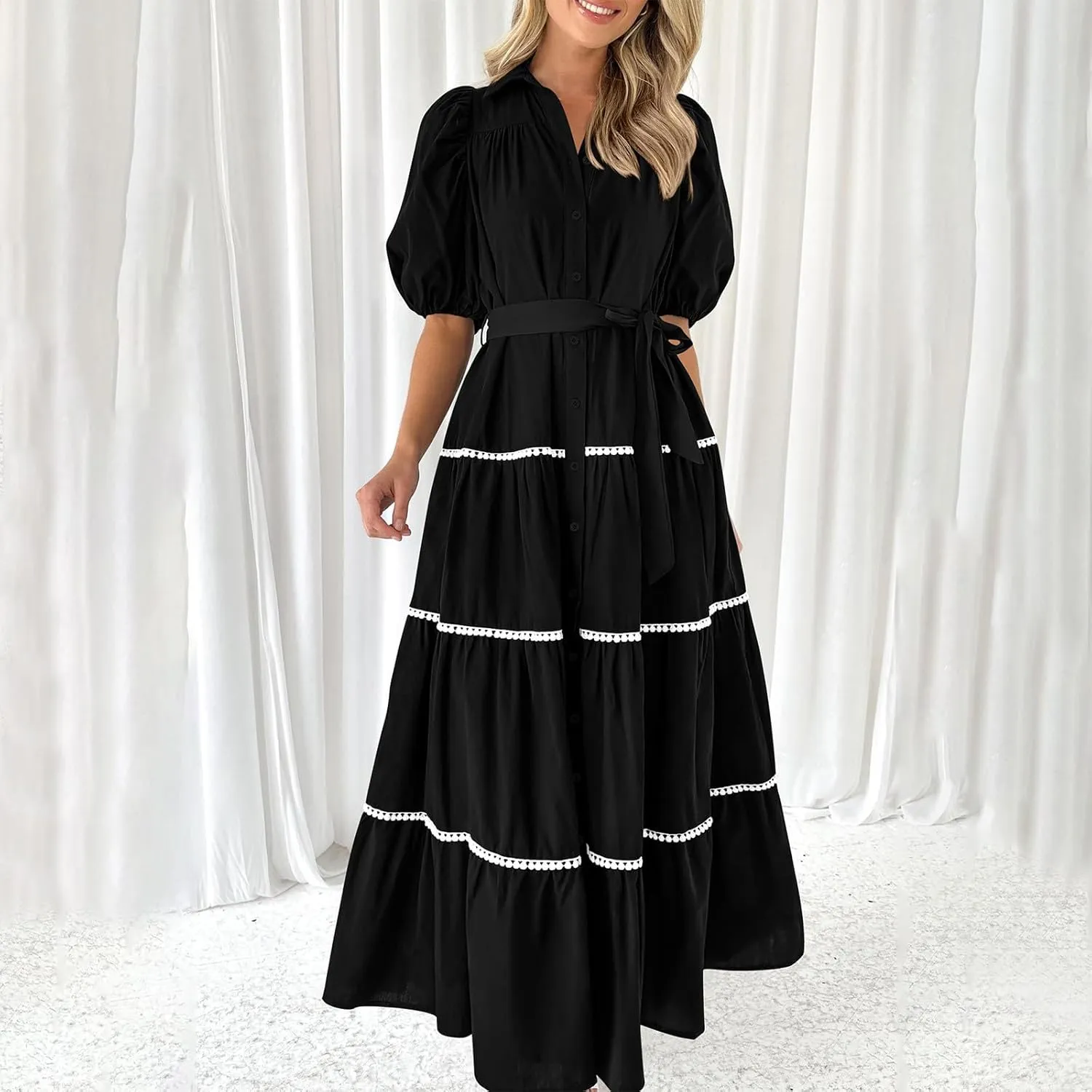 Summer Dresses for Women 2024 Casual Button Down A Line Dress V Neck Puff Sleeve Maxi Dress Trendy Summer Vacation Outfits