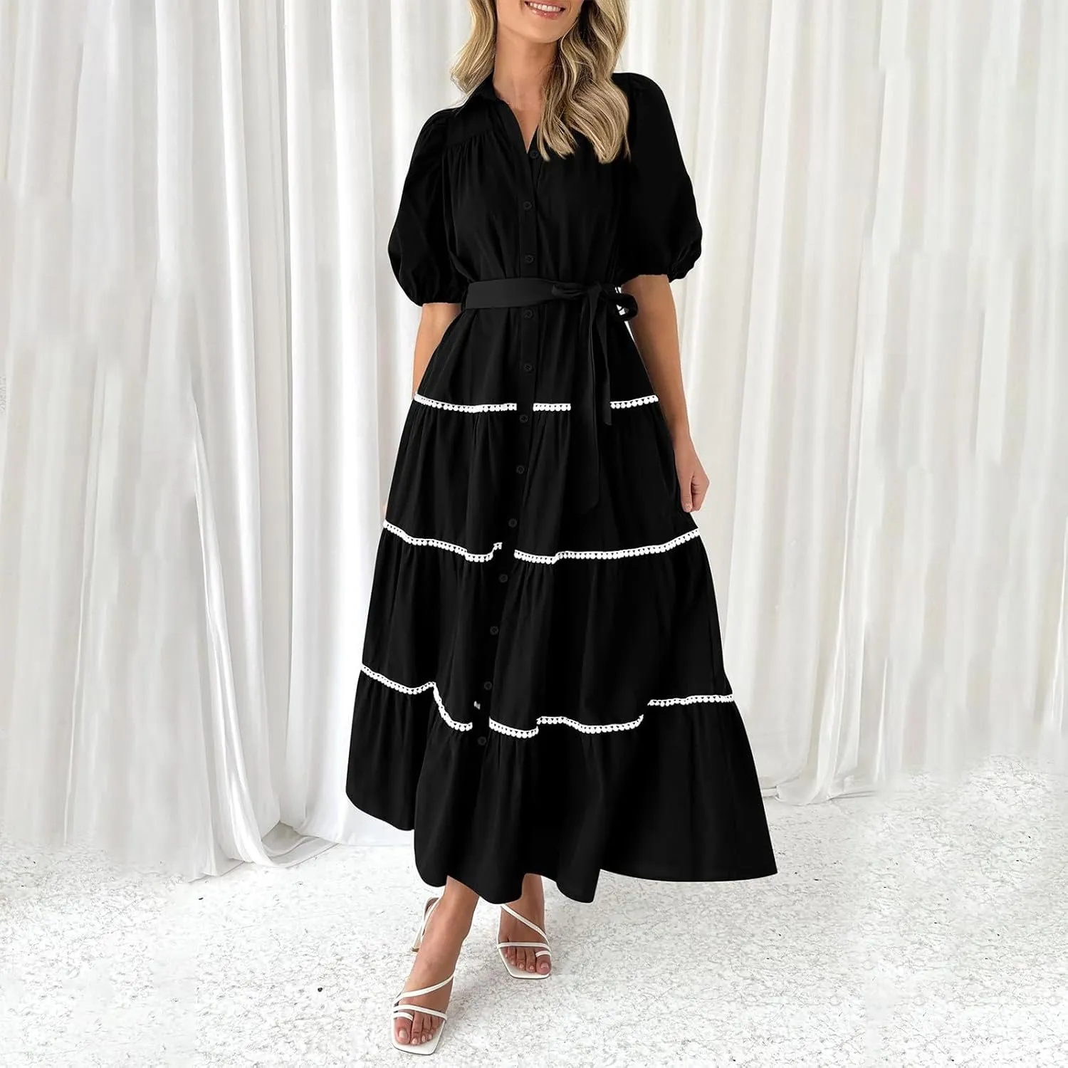 Summer Dresses for Women 2024 Casual Button Down A Line Dress V Neck Puff Sleeve Maxi Dress Trendy Summer Vacation Outfits