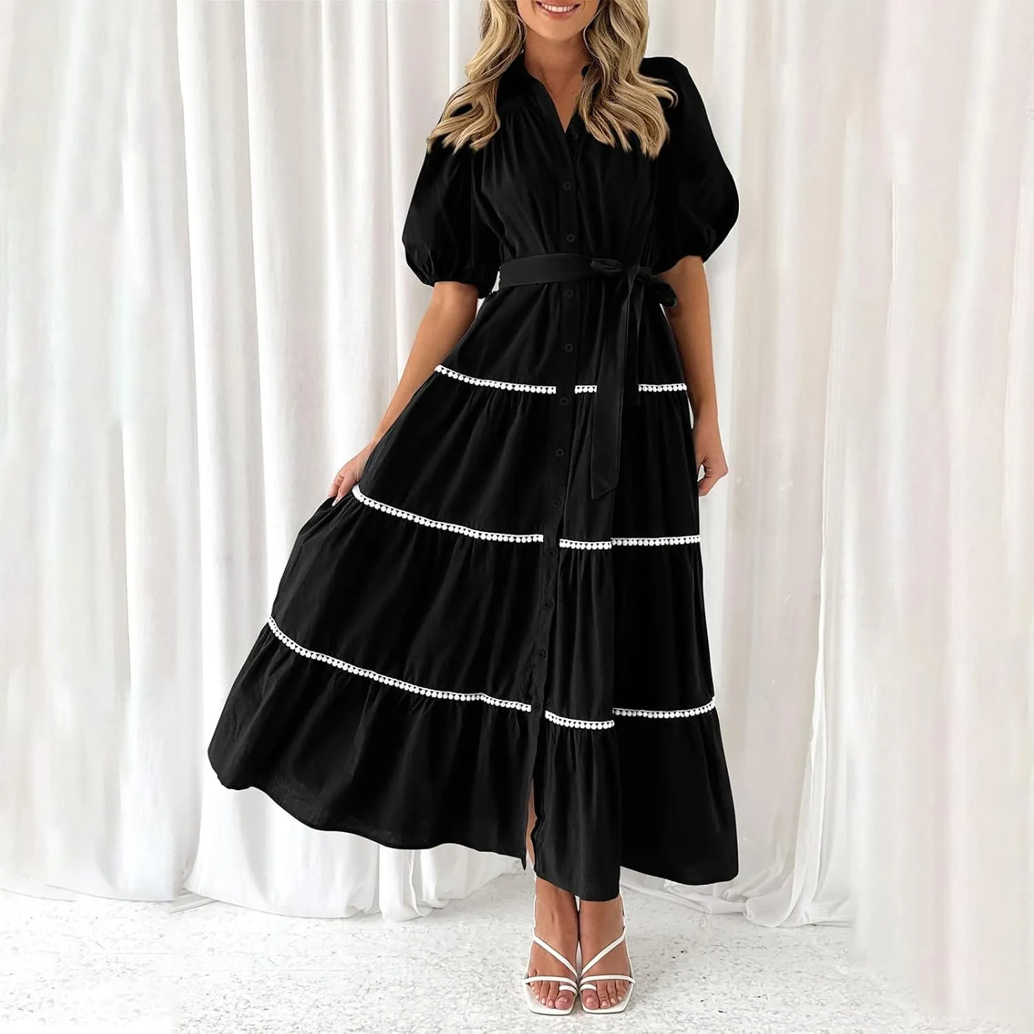 Summer Dresses for Women 2024 Casual Button Down A Line Dress V Neck Puff Sleeve Maxi Dress Trendy Summer Vacation Outfits