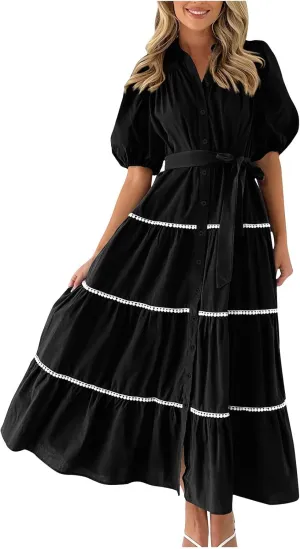 Summer Dresses for Women 2024 Casual Button Down A Line Dress V Neck Puff Sleeve Maxi Dress Trendy Summer Vacation Outfits