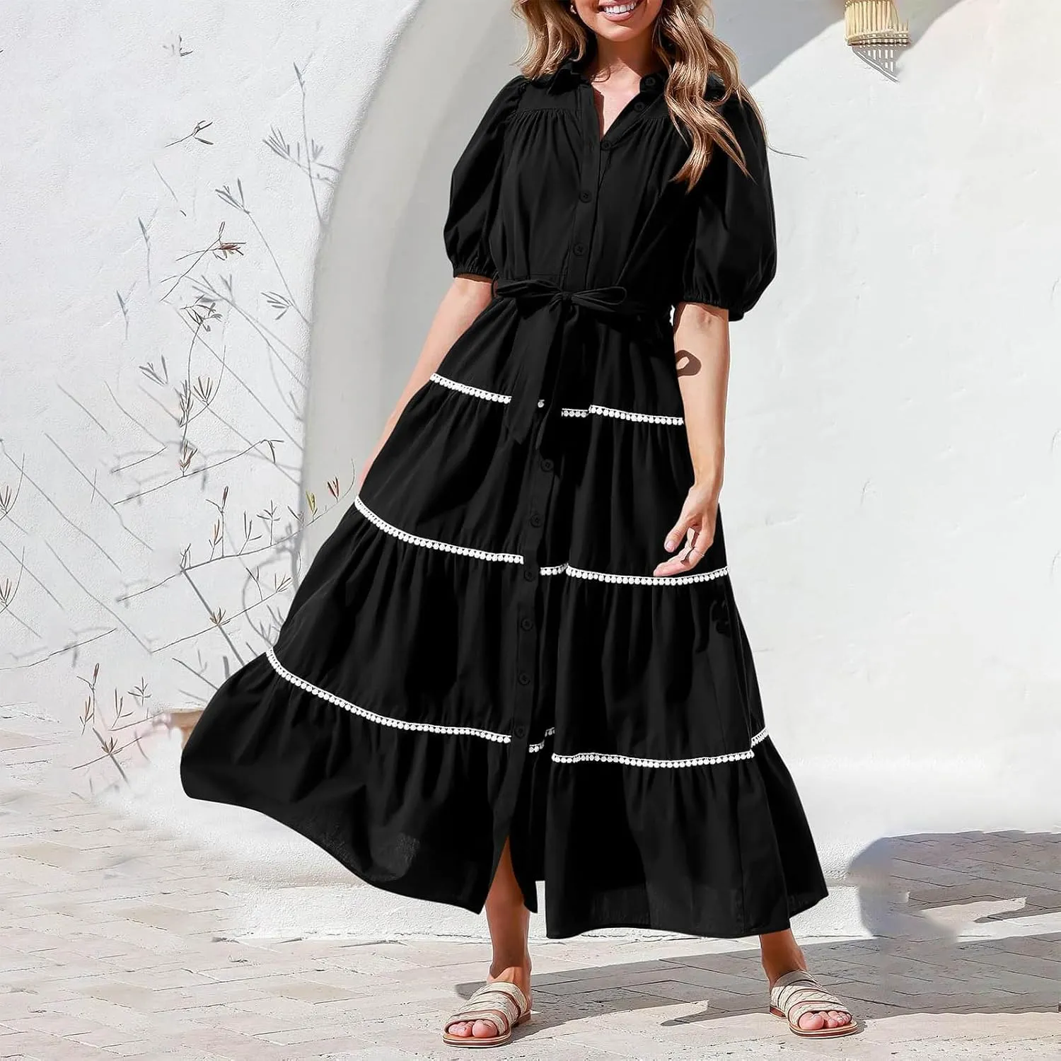 Summer Dresses for Women 2024 Casual Button Down A Line Dress V Neck Puff Sleeve Maxi Dress Trendy Summer Vacation Outfits