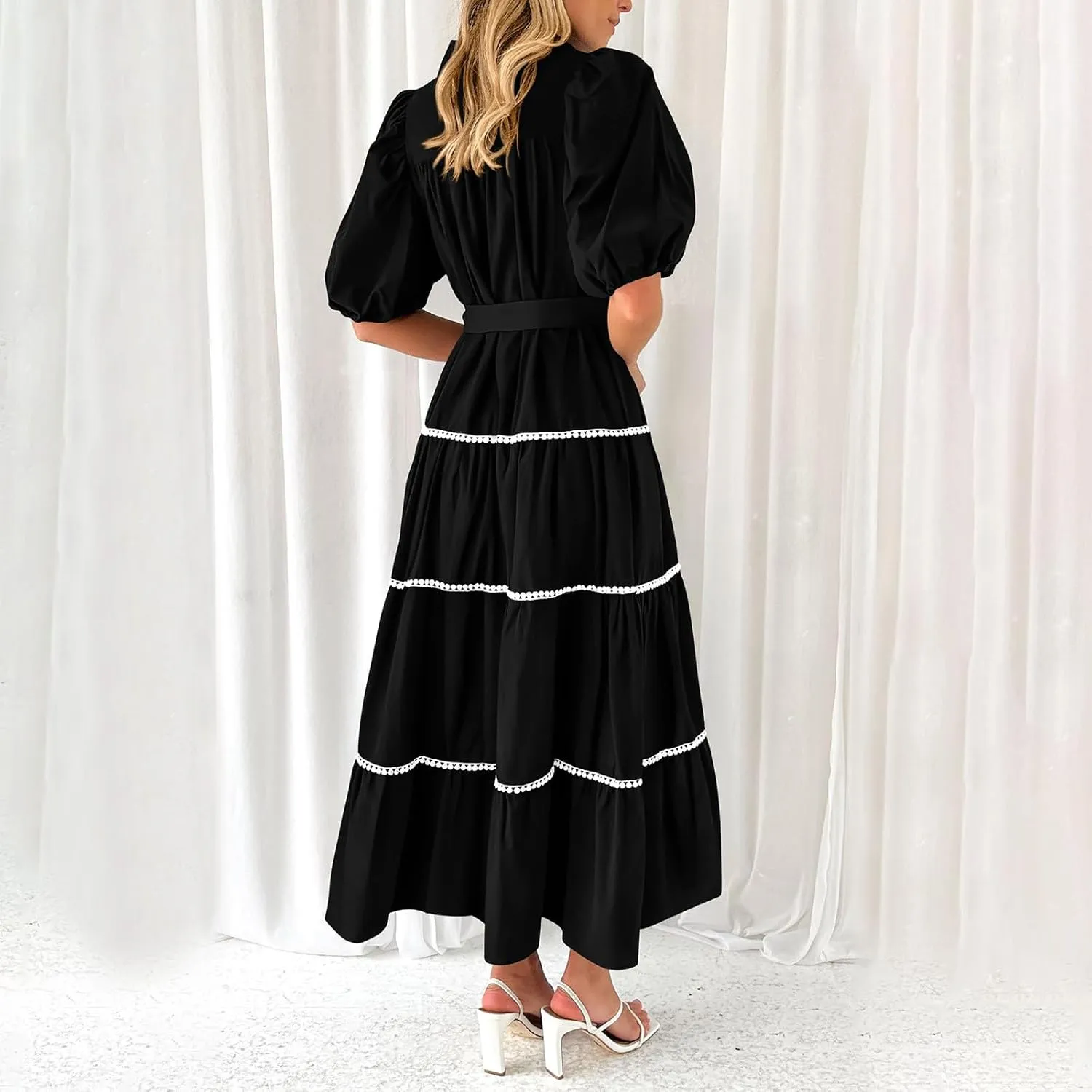 Summer Dresses for Women 2024 Casual Button Down A Line Dress V Neck Puff Sleeve Maxi Dress Trendy Summer Vacation Outfits