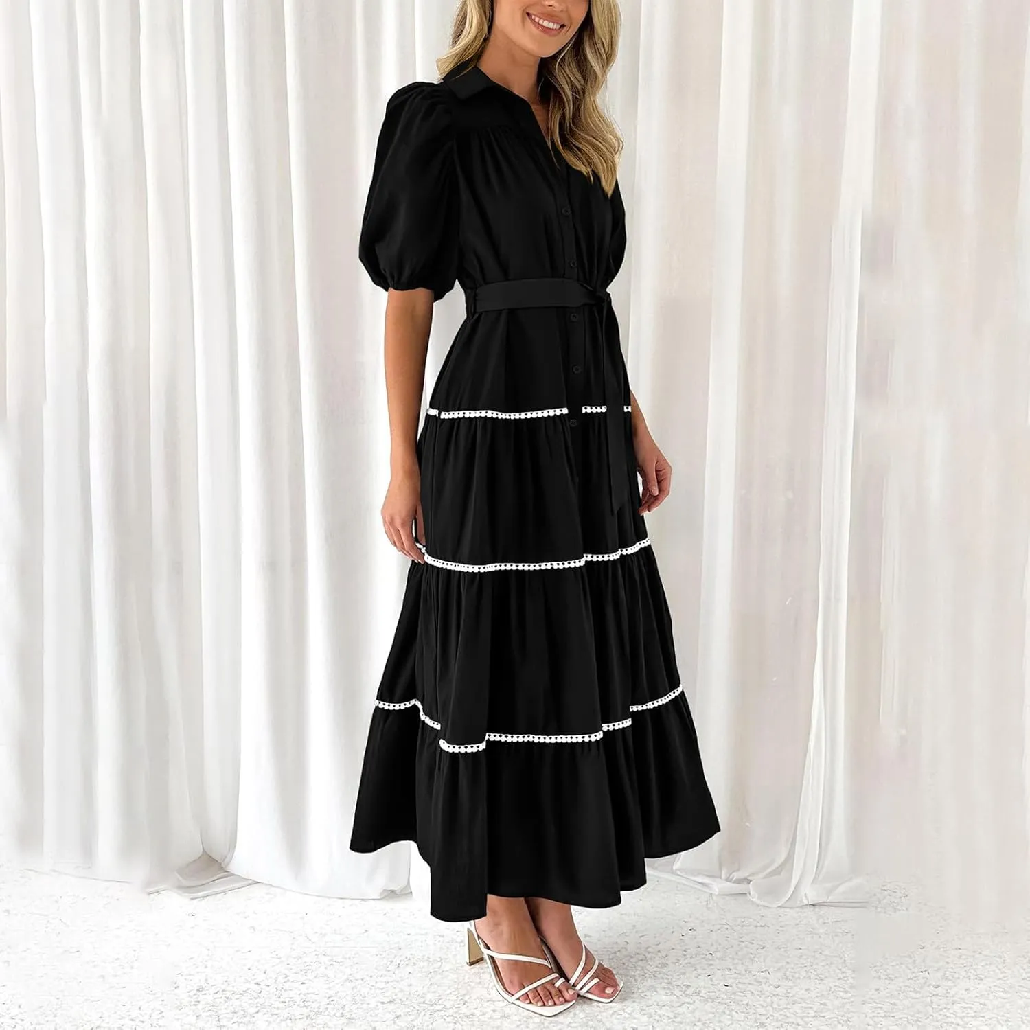 Summer Dresses for Women 2024 Casual Button Down A Line Dress V Neck Puff Sleeve Maxi Dress Trendy Summer Vacation Outfits