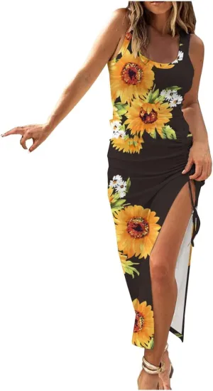 Summer Dresses for Women 2024 Casual Plus Size Beach Boho Floral Maxi Dress Sexy High Slit Sleeveless Tank Print Sundress