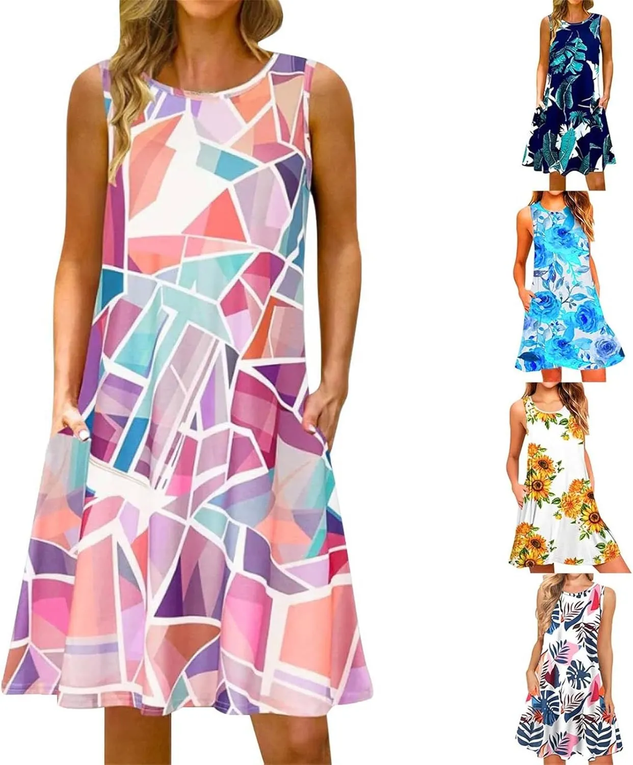Summer Dresses for Women 2024 Casual Sleeveless Boho Floral Petite Sundress Plus Size Vacation Flowy Midi Dress