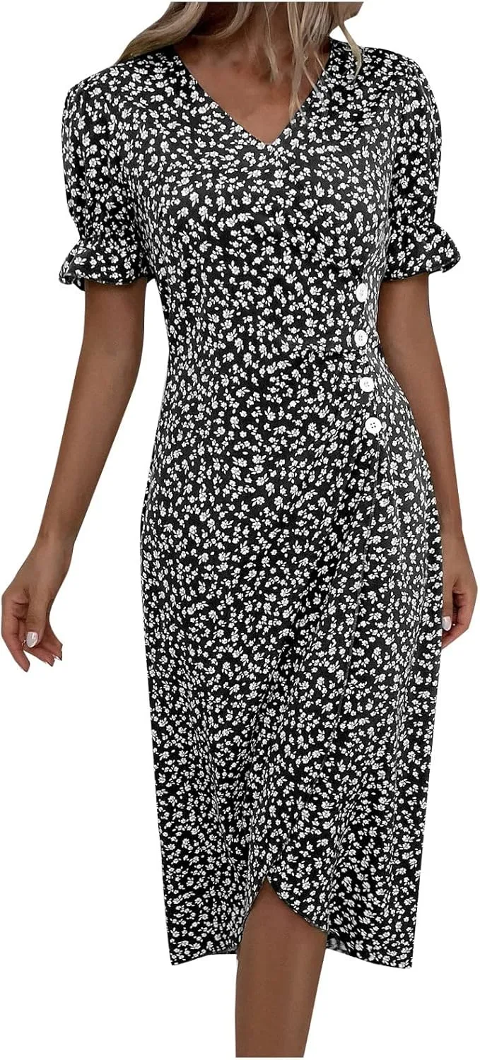 Summer Dresses for Women 2024 Casual V Neck A-line Boho Dress Ditsy Floral Flounce Sleeve Wrap Hem Dress
