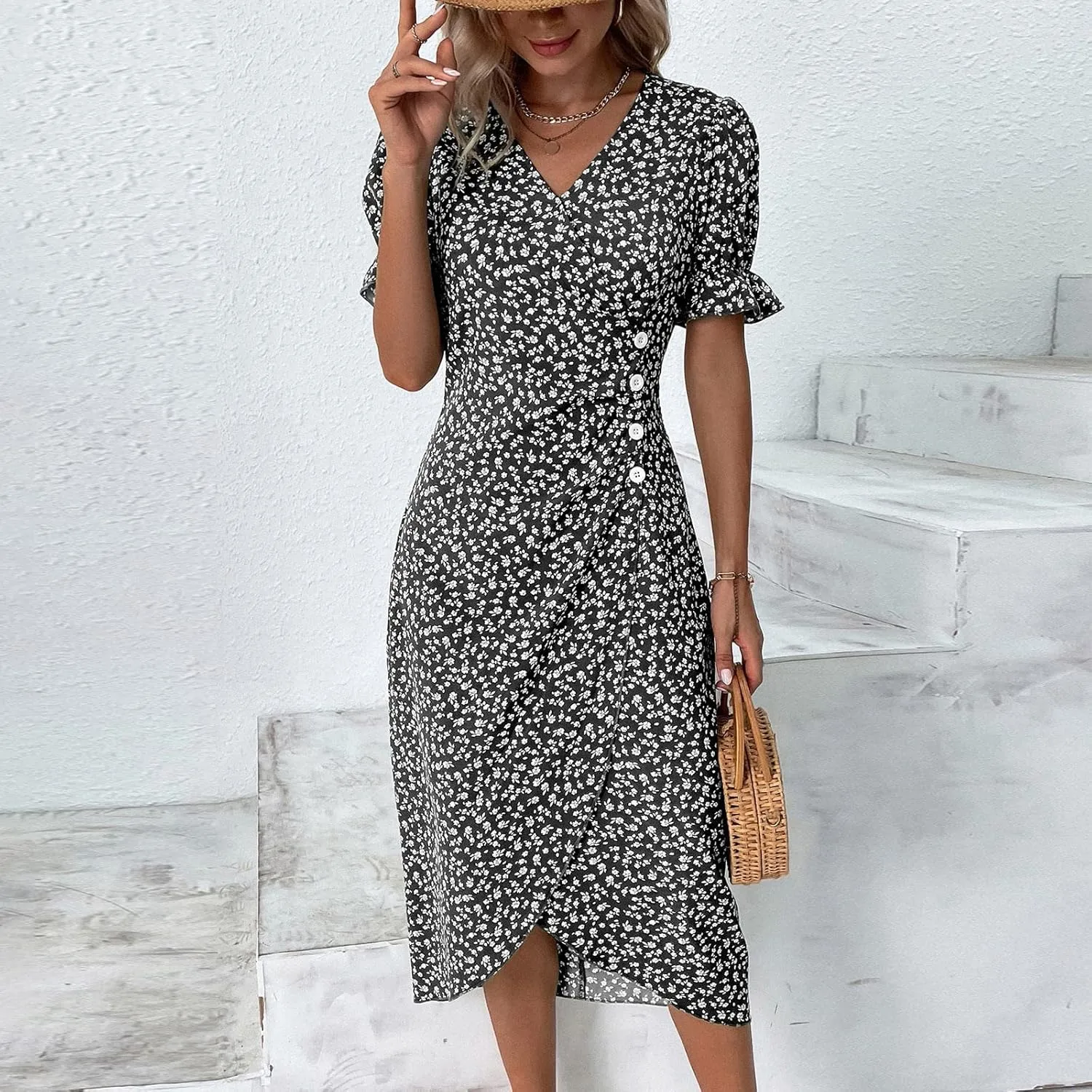 Summer Dresses for Women 2024 Casual V Neck A-line Boho Dress Ditsy Floral Flounce Sleeve Wrap Hem Dress