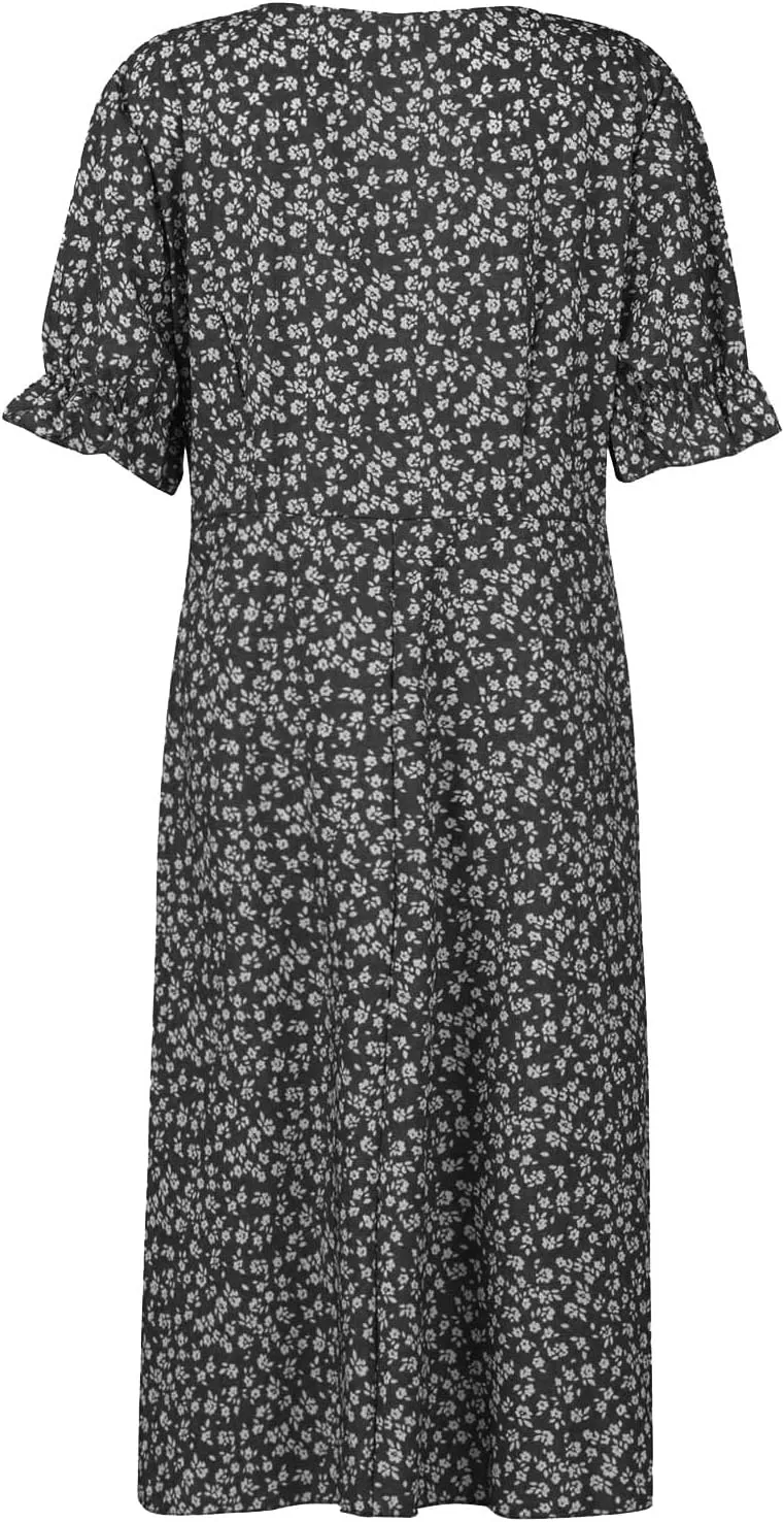 Summer Dresses for Women 2024 Casual V Neck A-line Boho Dress Ditsy Floral Flounce Sleeve Wrap Hem Dress