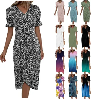 Summer Dresses for Women 2024 Casual V Neck A-line Boho Dress Ditsy Floral Flounce Sleeve Wrap Hem Dress