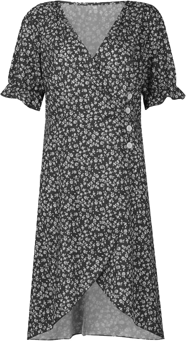 Summer Dresses for Women 2024 Casual V Neck A-line Boho Dress Ditsy Floral Flounce Sleeve Wrap Hem Dress