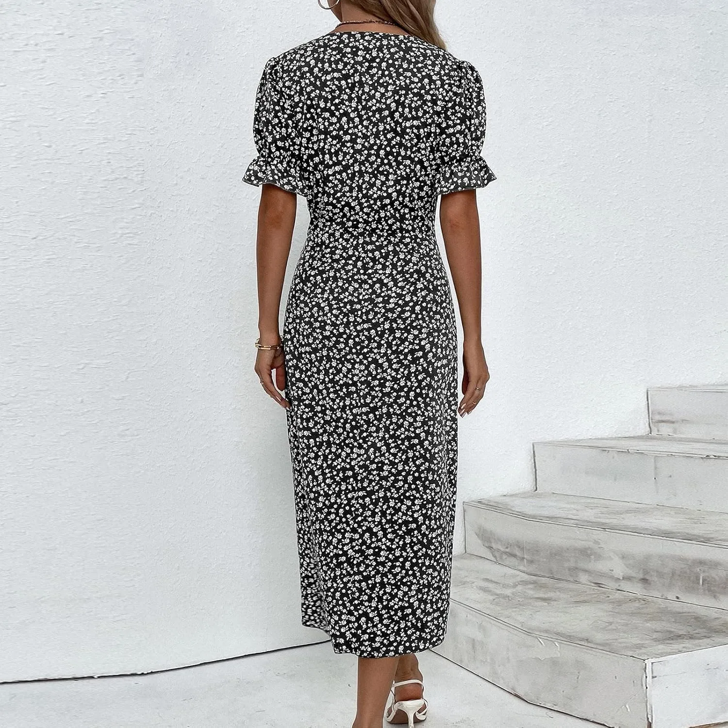 Summer Dresses for Women 2024 Casual V Neck A-line Boho Dress Ditsy Floral Flounce Sleeve Wrap Hem Dress
