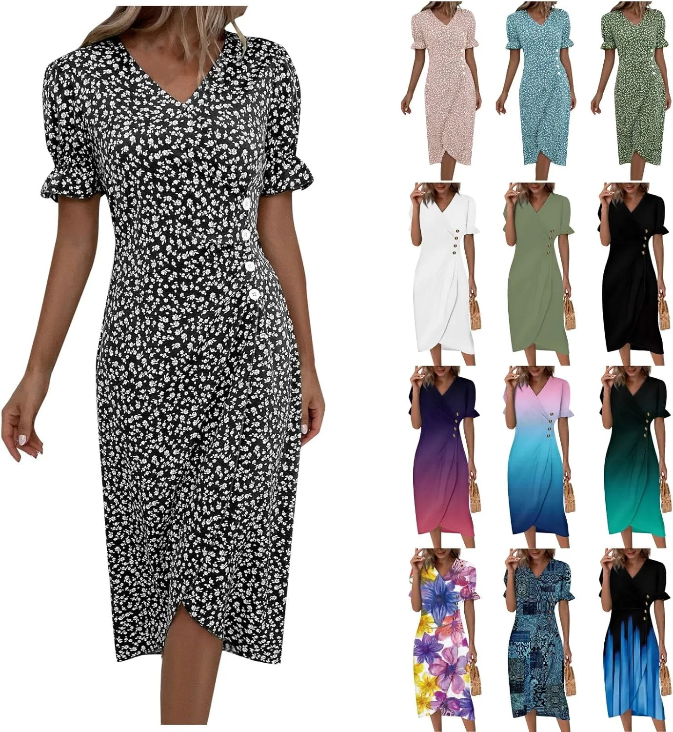 Summer Dresses for Women 2024 Casual V Neck A-line Boho Dress Ditsy Floral Flounce Sleeve Wrap Hem Dress