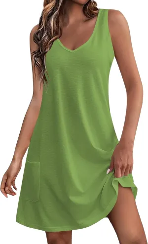Summer Dresses for Women 2024 Loose V Neck Sleeveless Sundresses Casual Tank Dress Swimsuit Coverup with Pockets