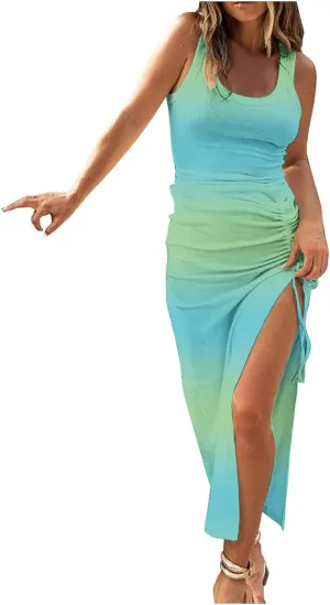 Summer Dresses for Women 2024 Maxi Comfy Sexy Slim Fit Ribbed Tank Top Long Dresses Split Hem Drawstring Dresses