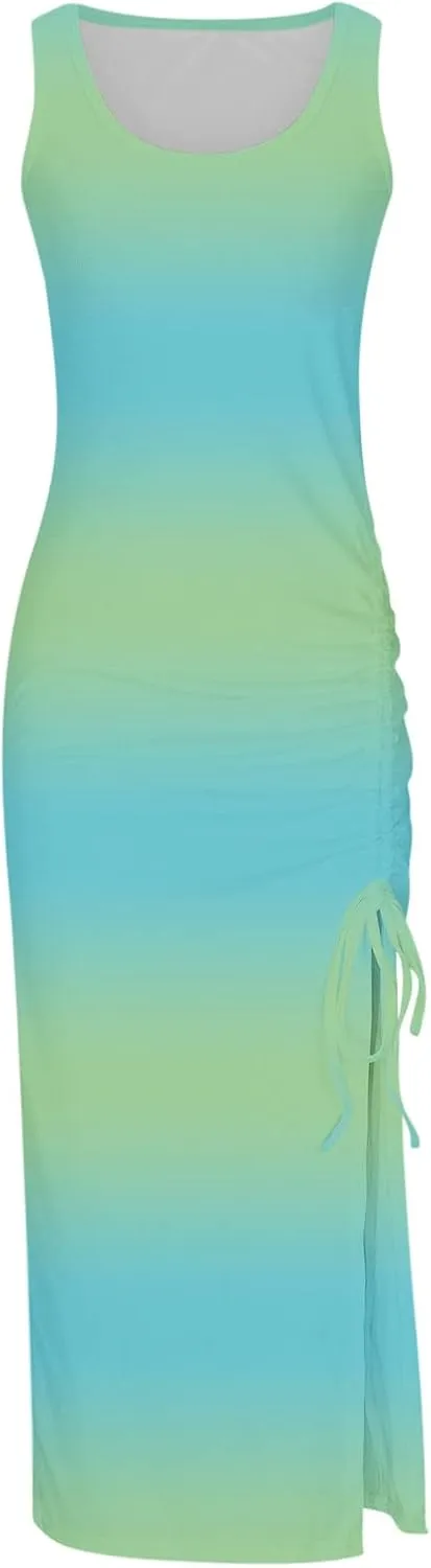 Summer Dresses for Women 2024 Maxi Comfy Sexy Slim Fit Ribbed Tank Top Long Dresses Split Hem Drawstring Dresses