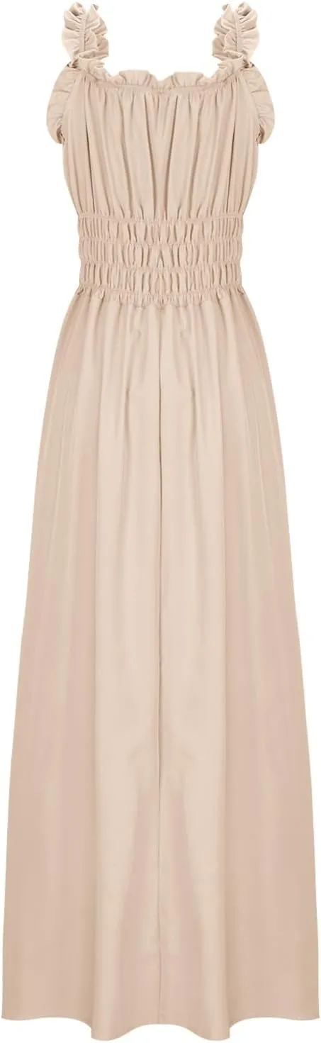 Summer Dresses for Women 2024 Smocked A Line Maxi Dress Sleeveless High Waist Beach Sun Dresses Flowy Milkmaid Dress