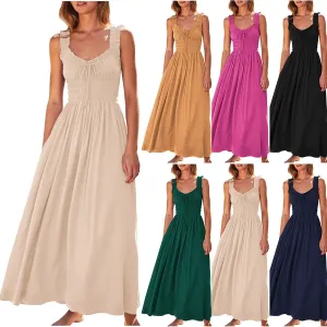 Summer Dresses for Women 2024 Smocked A Line Maxi Dress Sleeveless High Waist Beach Sun Dresses Flowy Milkmaid Dress