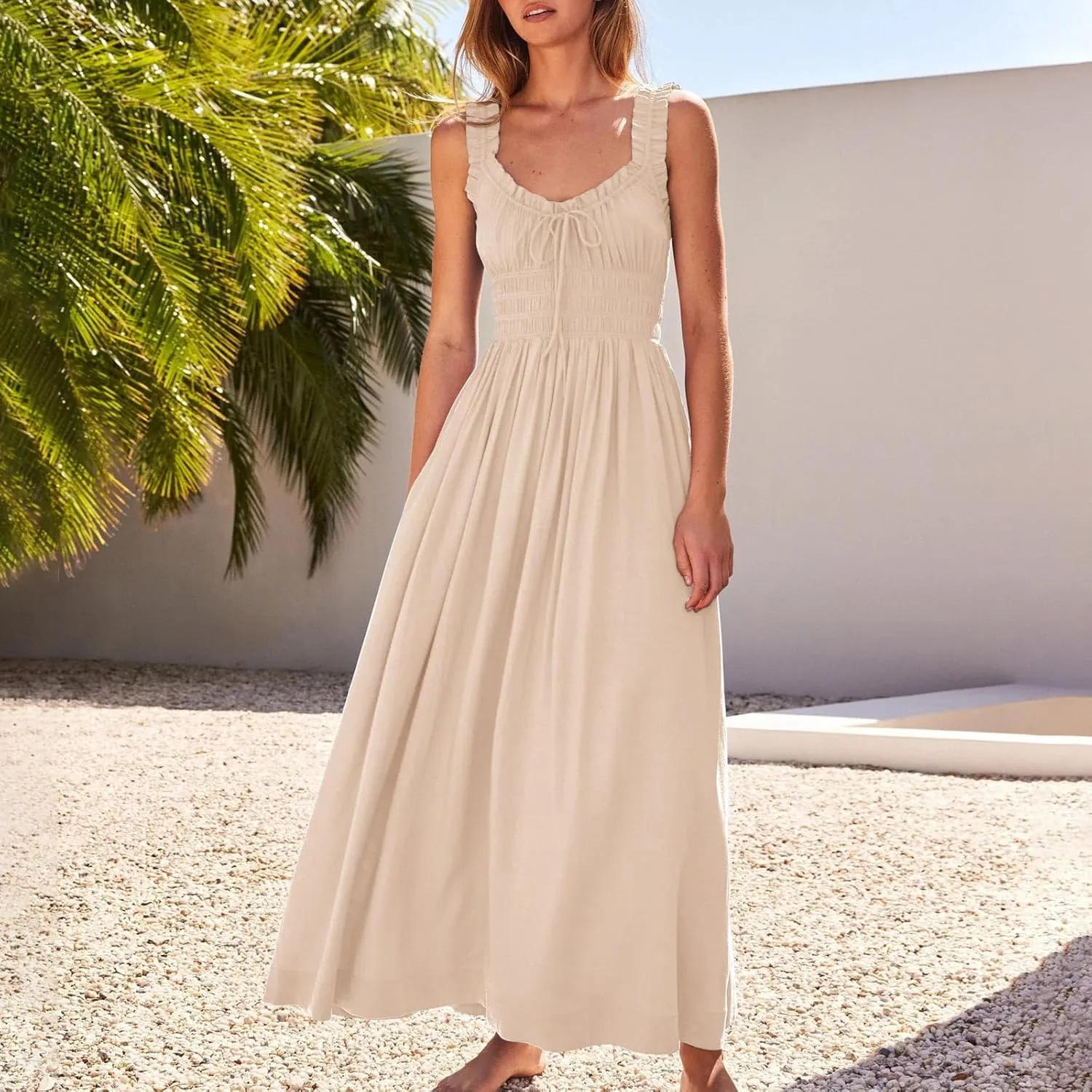 Summer Dresses for Women 2024 Smocked A Line Maxi Dress Sleeveless High Waist Beach Sun Dresses Flowy Milkmaid Dress