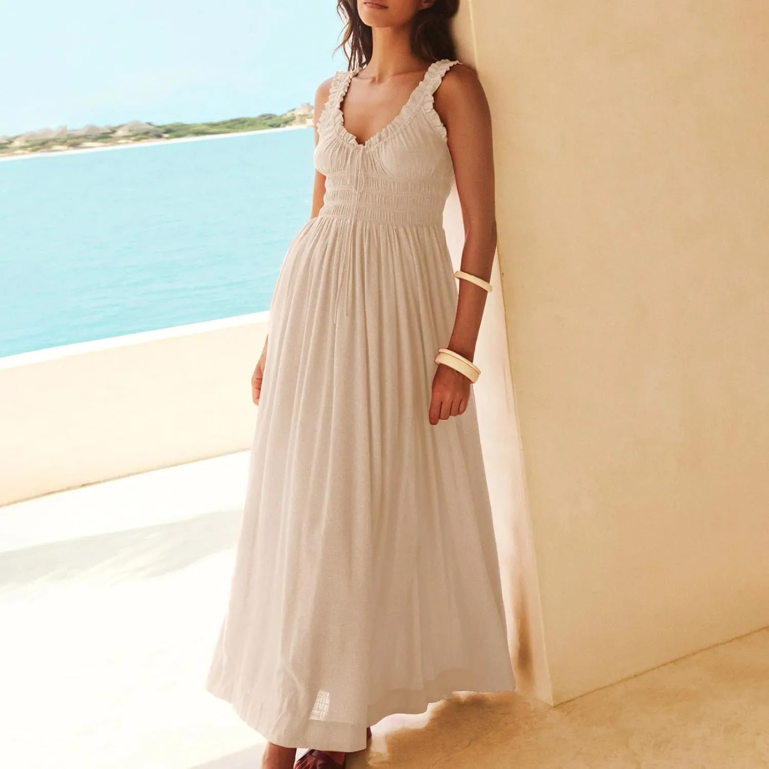 Summer Dresses for Women 2024 Smocked A Line Maxi Dress Sleeveless High Waist Beach Sun Dresses Flowy Milkmaid Dress