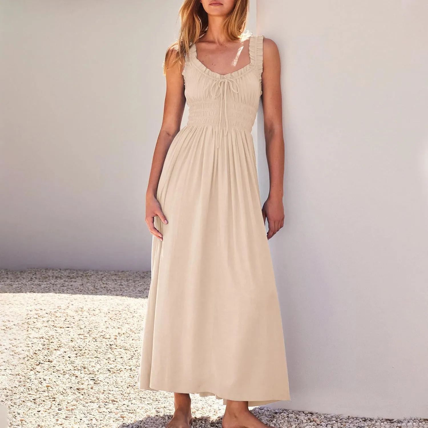 Summer Dresses for Women 2024 Smocked A Line Maxi Dress Sleeveless High Waist Beach Sun Dresses Flowy Milkmaid Dress