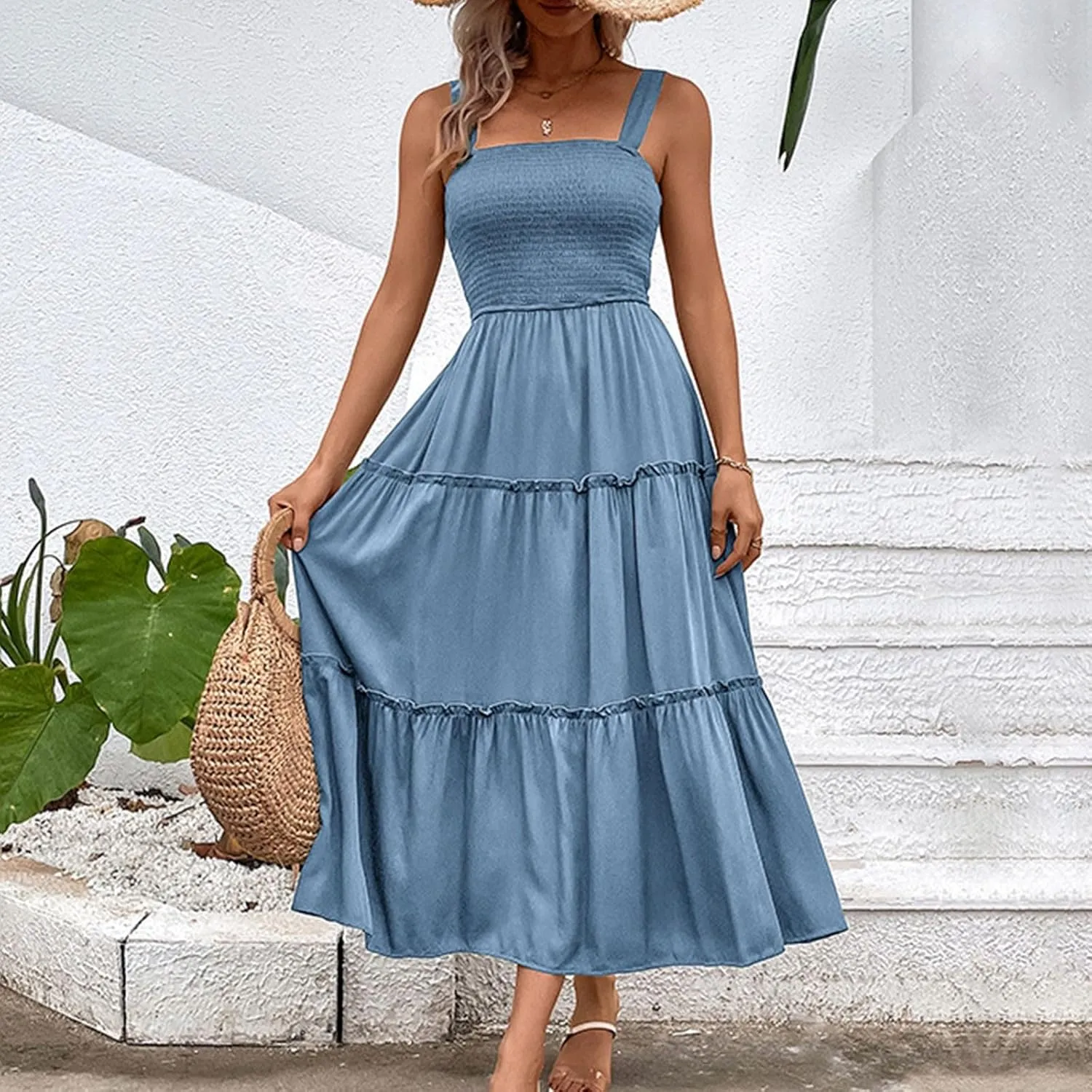 Summer Dresses for Women 2024 Trendy Sleeveless Backless Peplum Long Dress Ladies Flowy Beach Vacation Maxi Sundress