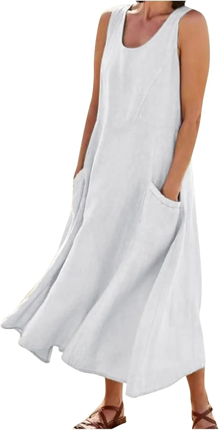 Summer Dresses for Women 2025 Casual Print Boho Sundress Crew Neck Sleeveless Pockets Beach Vacation Maxi Dresses