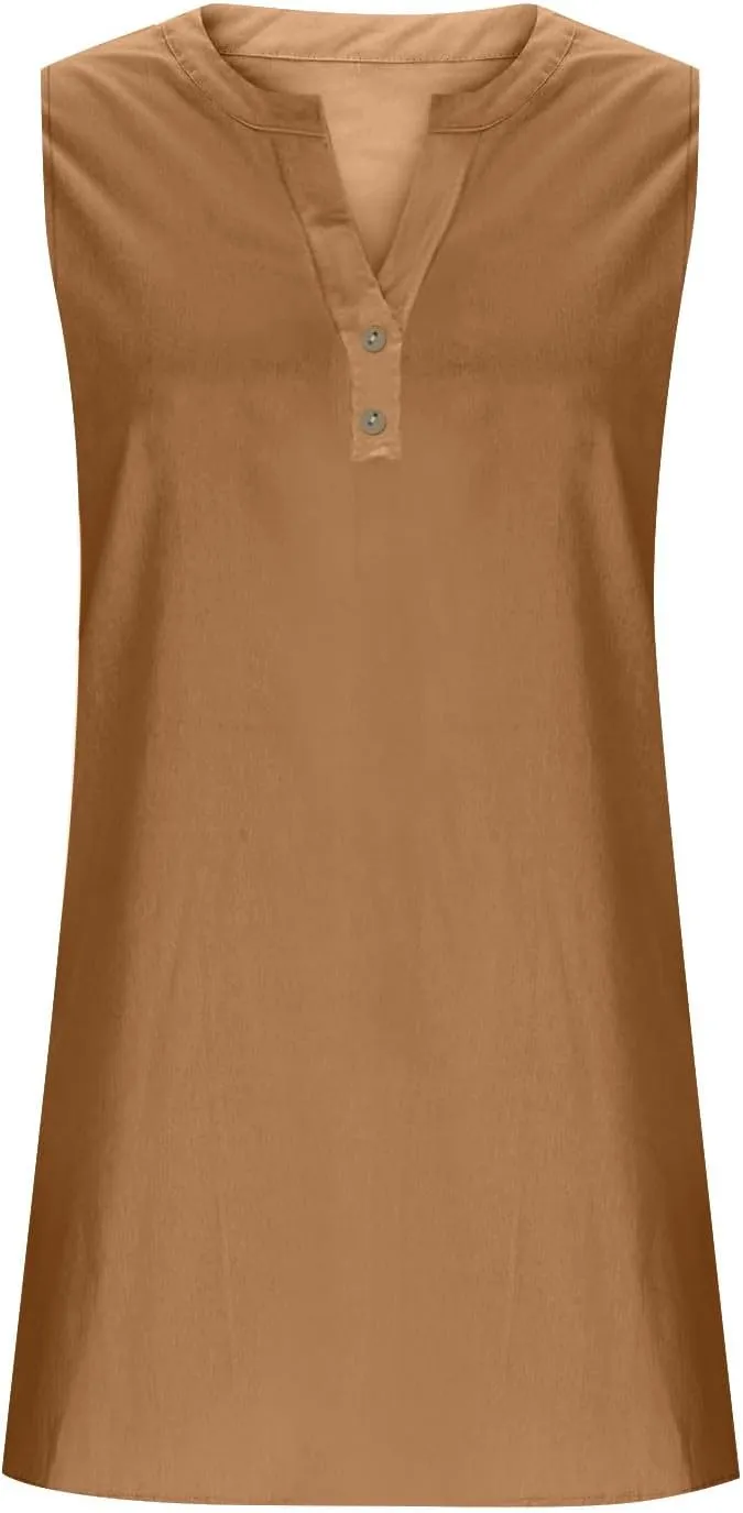 Summer Dresses for Women 2025 Cotton Linen Dress Tshirt Casual Hawaiian Sleeveless Button V-Neck Midi Boho Sundress