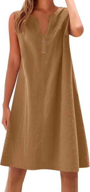 Summer Dresses for Women 2025 Cotton Linen Dress Tshirt Casual Hawaiian Sleeveless Button V-Neck Midi Boho Sundress