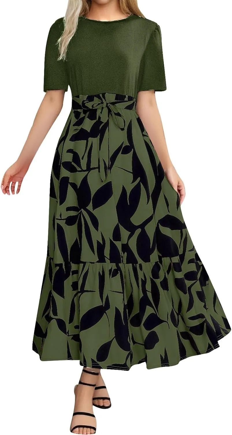 Summer Dresses for Women 2025 Floral Boho Wrap Short Sleeve Maxi Dress Patchwork Ruffle Hem A Line Vacation Dresses