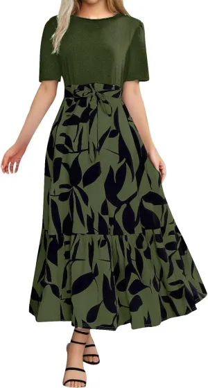 Summer Dresses for Women 2025 Floral Boho Wrap Short Sleeve Maxi Dress Patchwork Ruffle Hem A Line Vacation Dresses
